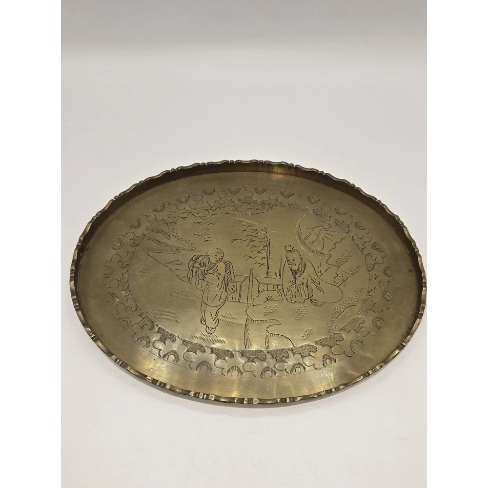 Antique Chinese Etched Brass Tea Tray with Scalloped Edge‎